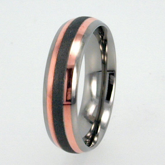 Mens Titanium Wedding Band, Rose Gold Pinstripes