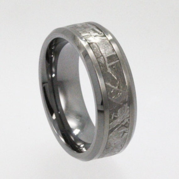 Tungsten Ring Gibeon Meteorite Inlay, Unique Mens Ring