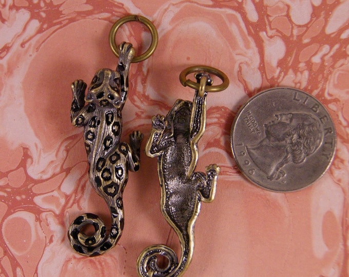Pair of Antique Burnished Gold-tone Leopard Charms Each Holding a Ring