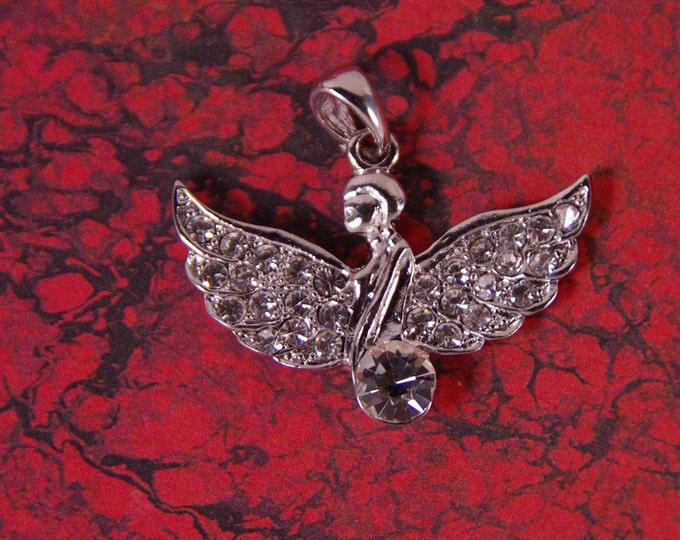 Silver-tone Rhinestone Woman with Wings Charm Pendant