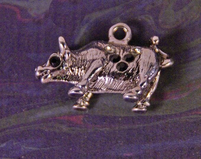 Small Silver-tone Black Rhinestone Accented Bull Charm