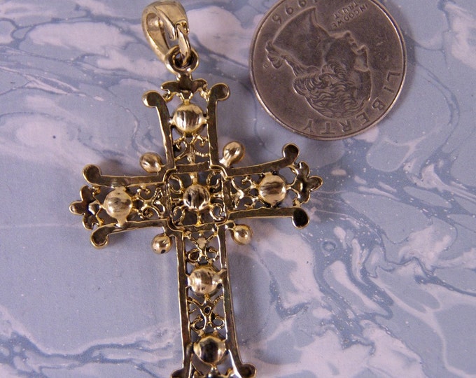 Gold-tone Filigree Topaz Rhinestone Heraldic Cross Pendant