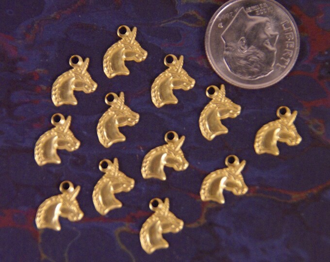 Dozen Tiny Brass Right-facing Unicorn Head Charms