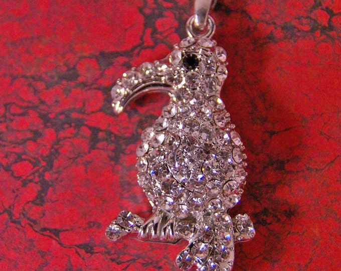 Silver-tone Rhinestone Encrusted Dimensional Toucan Bird Pendant