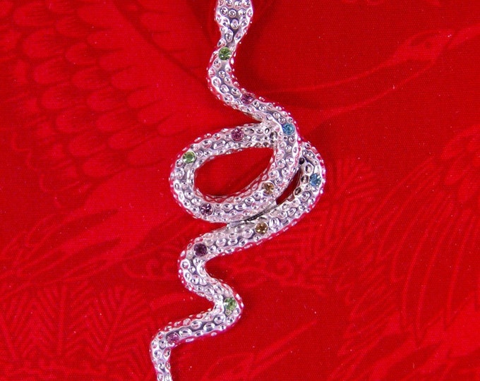 Long Silver-tone Snake Pendant with Multi-colored Rhinestone Accents