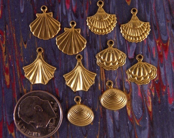 Ten Brass Seashell-themed Marine Charms Set