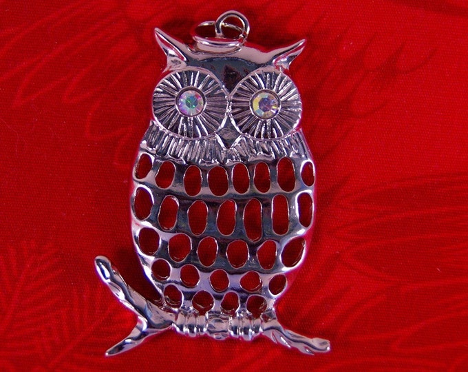 Silver-tone Open Work Owl on a Branch with AB Rhinestone Eyes Pendant
