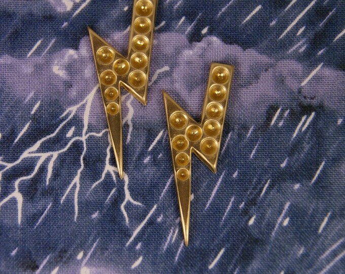 Set of 2 Brass Lightning Bolt Stampings with Rhinestone Settings