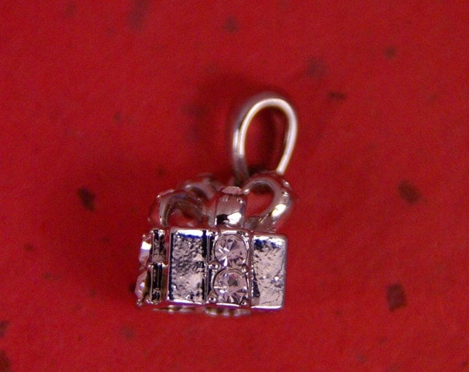 Small Silver-tone Rhinestone Accented Gift with Ribbon Pendant