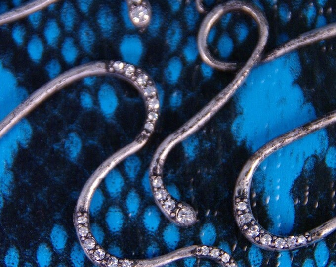 Long Snake Charms Large Antique Silver-tone Abstract Rhinestones Pair