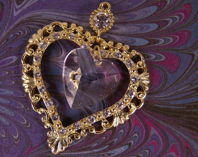 Gold-tone Rhinestone Edged Heart with Crystal Heart Dangle Pendant Charm