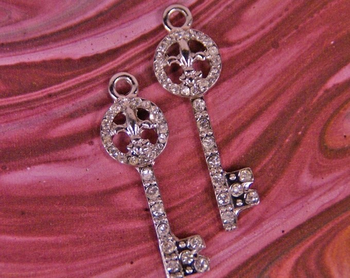 Small Pair of Rhinestone Skeleton Key Fleur de Lis Charms