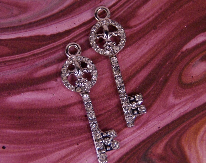 Small Pair of Rhinestone Skeleton Key Fleur de Lis Charms