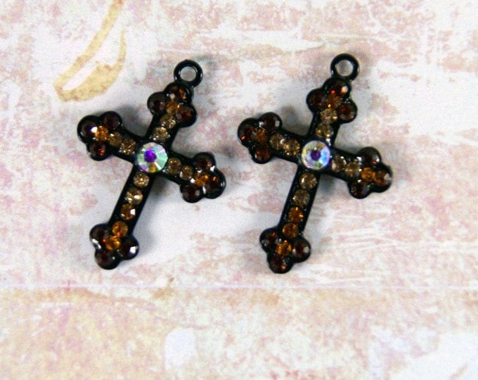 Pair Black Epoxy Heraldic Crosses with Topaz Rhinestones Charms