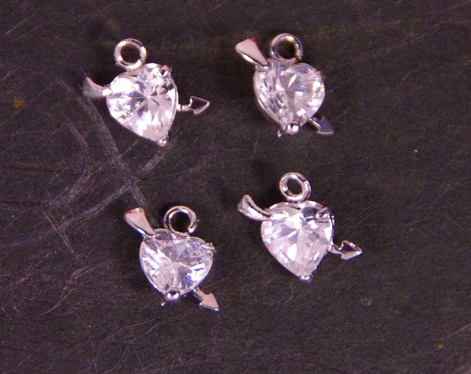 4 Very Tiny Crystal Hearts with Silver-tone Arrows Charms