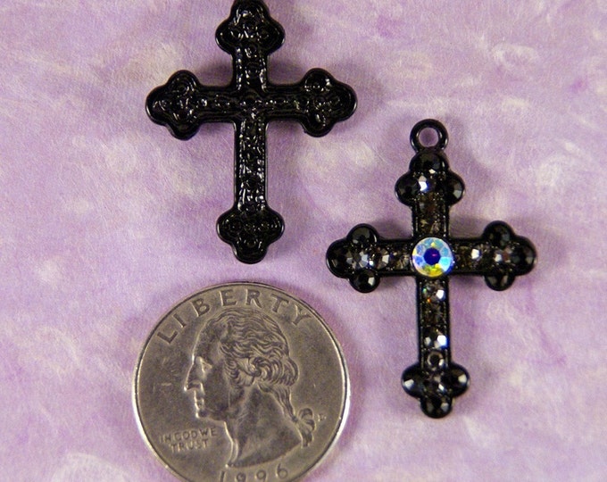 Pair Black Epoxy Heraldic Crosses with Hematite Rhinestones Charms Cross