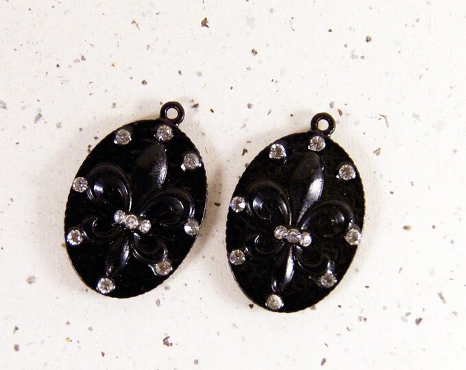 Pair of Oval Black Epoxy Fleur de Lis Charms