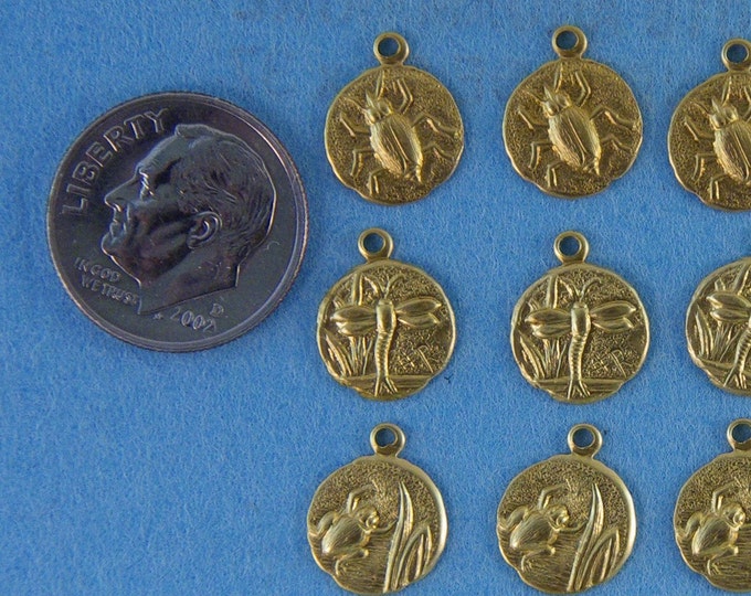 24 Small Round Brass Beetle, Dragonfly, Frog, Lizard Charms