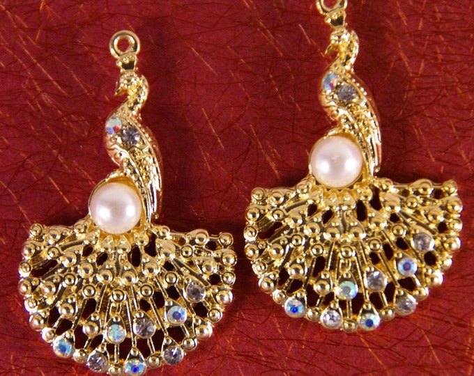 Set of Two Peacock Charms Rhinestones Faux Pearl Gold-tone