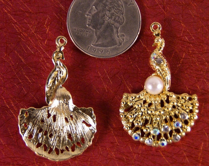 Set of Two Peacock Charms Rhinestones Faux Pearl Gold-tone