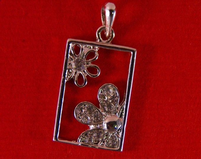 Silver-tone Floral Rectangular Pendant with Rhinestones Silver-tone