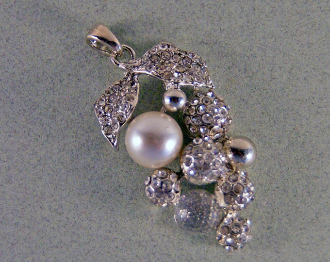 Silver-tone Grape Pendant with Rhinestones and Faux Pearl