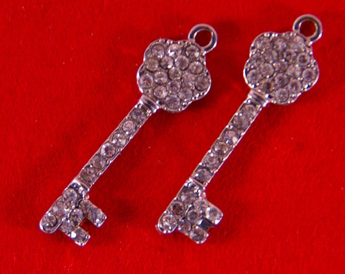 Small Pair of Rhinestone Skeleton Key with Flower-shape Top Charms