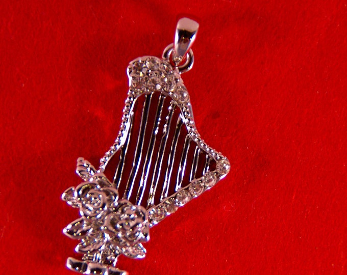 Floral Harp Pendant Silver-tone with Rhinestone Accents - Music