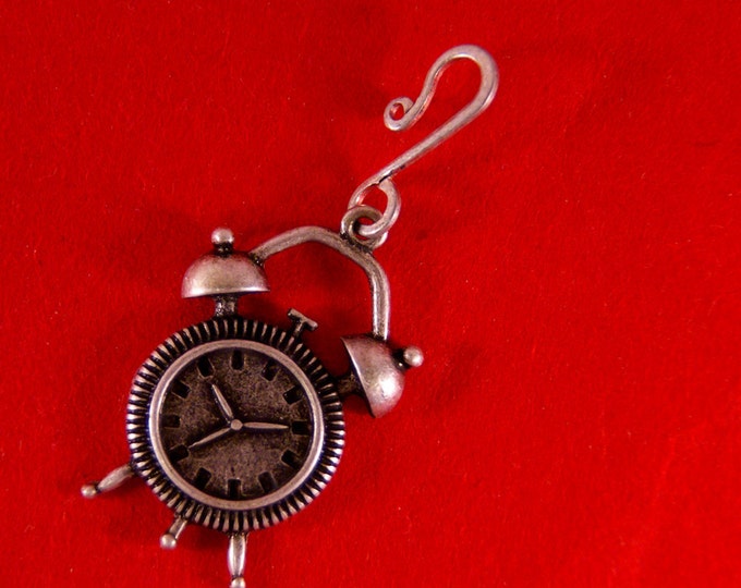 Alarm Clock Charm with Hook in Antique Silver-tone- Time