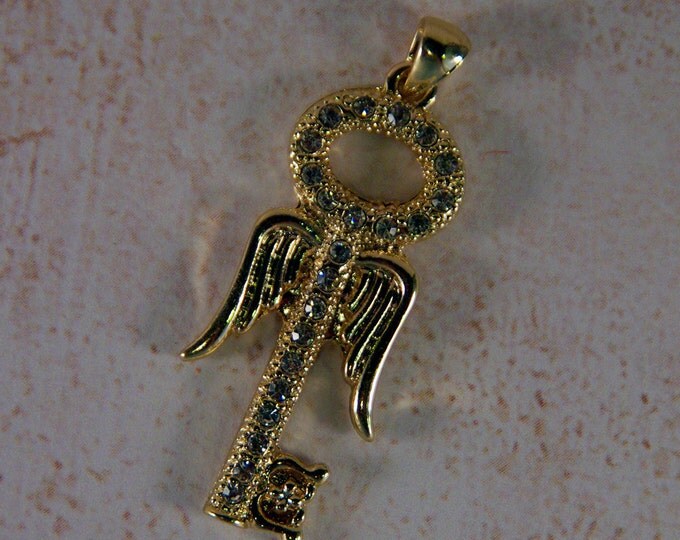Rhinestone Skeleton Key with Wings Pendant Gold-tone