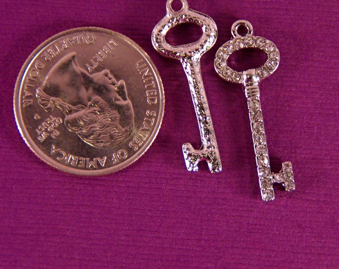 Small Pair of Rhinestone Encrusted Skeleton Key with Oval Top Charms