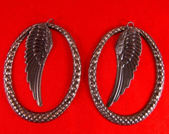 Pair of Burnished Silver-tone Thin Metal Wing in Large Oval Charms
