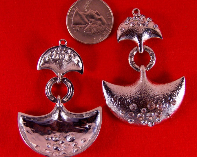 Pair of Ethnic Primitive Drop Charms Silver-tone with Rhinestones Brushed Texture