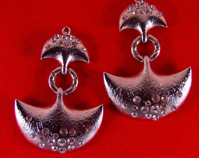 Pair of Ethnic Primitive Drop Charms Silver-tone with Rhinestones Brushed Texture