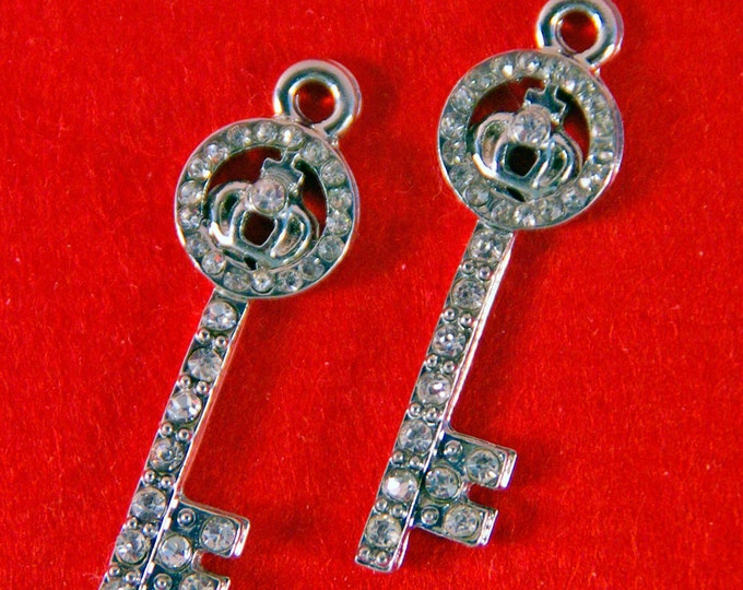 Small Pair of Silver-tone Rhinestone Encrusted Skeleton Key Crown Top Charms