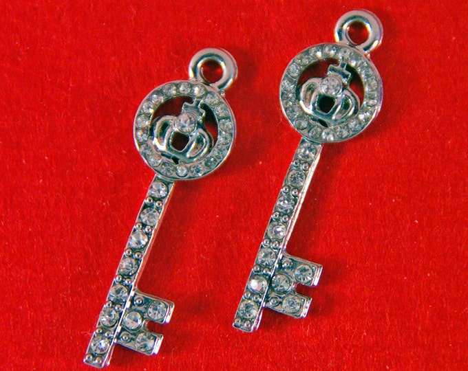 Small Pair of Silver-tone Rhinestone Encrusted Skeleton Key Crown Top Charms