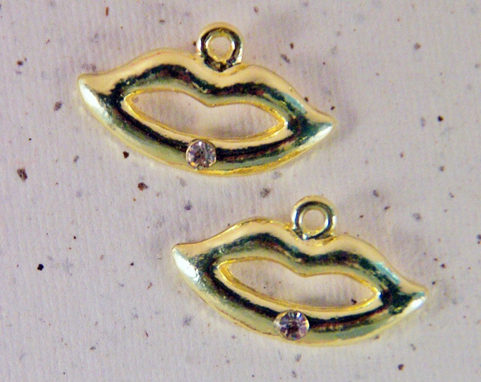 Pair of Gold-tone Lip Charms with Rhinestone Accent