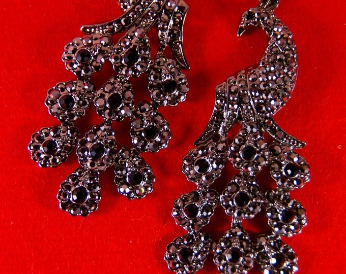 Pair of Hematite Dark Silver-tone Long Peacock Charms Rhinestone Encrusted