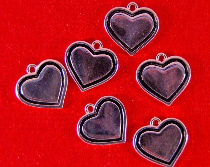 Set of 6 Silver-tone Heart Charms with Black Inline