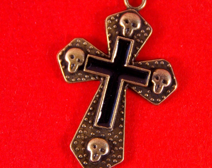 Antique Gold and Black Enamel Cross with Skulls Pendant Charm