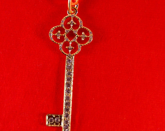 Rhinestone Skeleton Key with Clove Shape Top Pendant Gold-tone