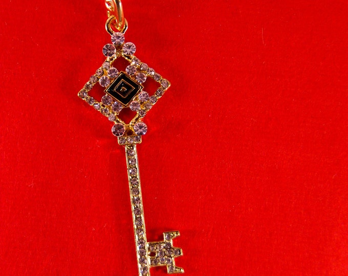 Rhinestone Skeleton Key with Diamond Shape Top Pendant Gold-tone