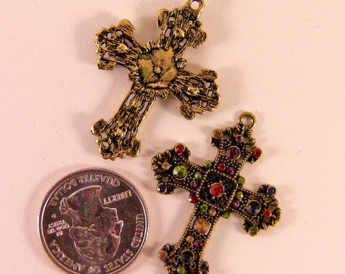 Pair Antique Antique Gold-tone Marcasite-like Cross with Multi Colored Rhinestone Accents Charms