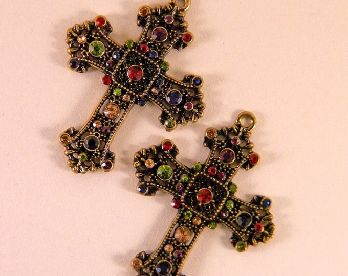 Pair Antique Antique Gold-tone Marcasite-like Cross with Multi Colored Rhinestone Accents Charms