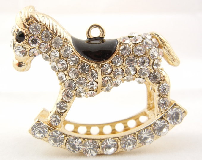 Large Rocking Horse Pendant Gold-tone Rhinestone Encrusted