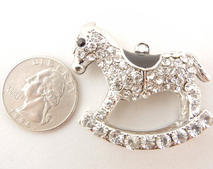 Large Rocking Horse Pendant Silver-tone Rhinestone Encrusted