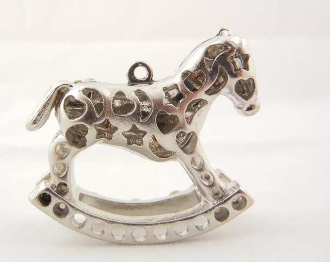 Large Rocking Horse Pendant Silver-tone Rhinestone Encrusted