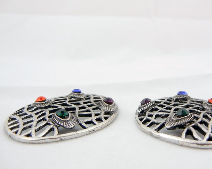 Drop Charms Antique Silver-tone Abstract Oval Net Multicolored Rhinestones on Peacock Teardrop