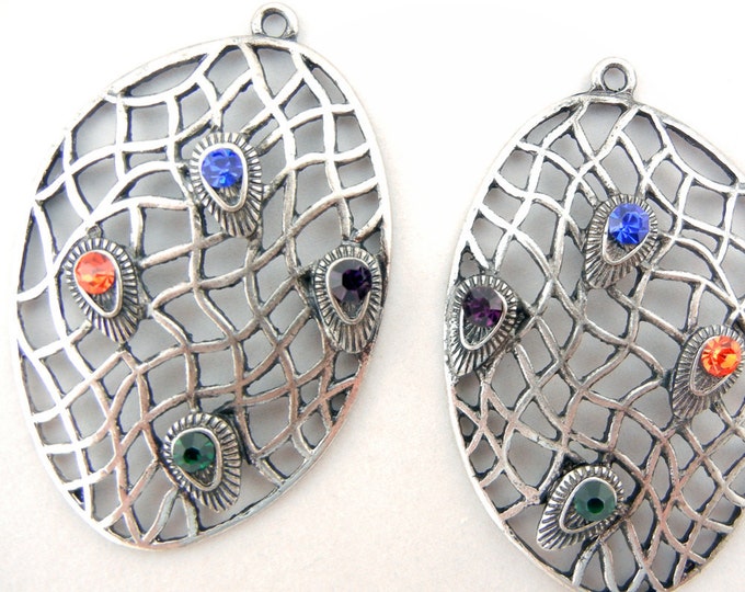 Drop Charms Antique Silver-tone Abstract Oval Net Multicolored Rhinestones on Peacock Teardrop