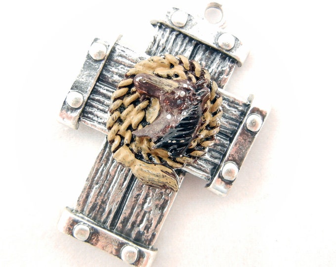 Antique Silver-tone Western Cross with Brown Painted Horse Head on Rope Charm Pendant